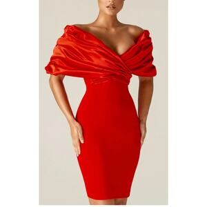 Aliava Red Maribel Crepe Ruffle Shoulder Dress Sz Large